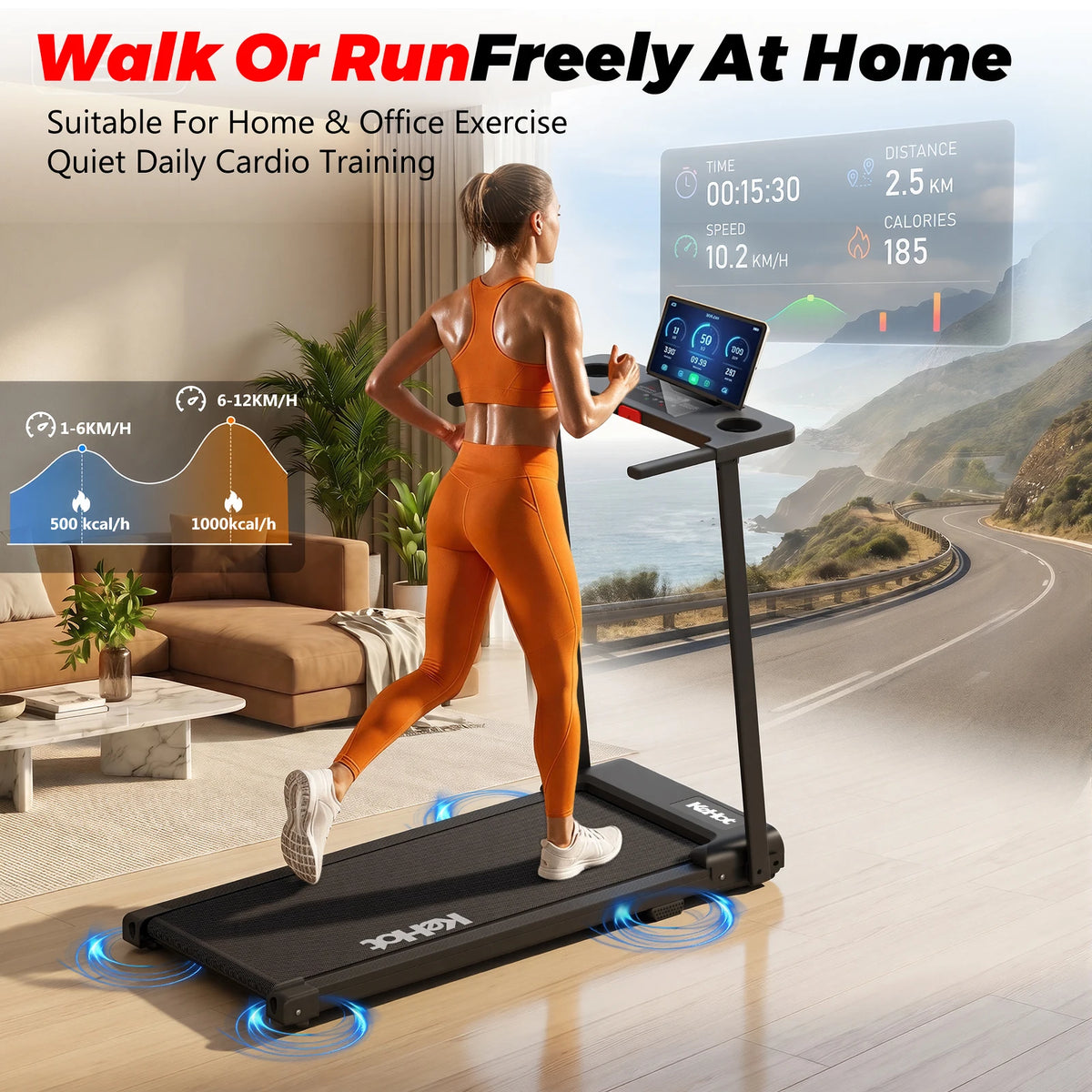 Black folding treadmill in use, featuring a digital display, handrails, and a textured running belt.