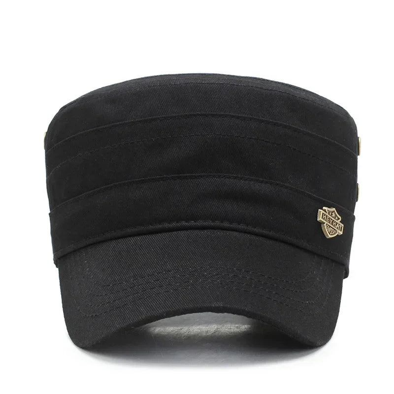 Black unisex military-style cotton cap with a flat top, short brim, and small metallic side emblem.