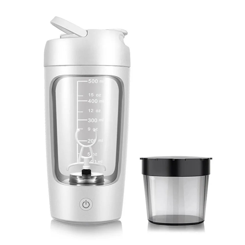 White electric protein shaker bottle with measuring markings and a detachable storage container on a white background.