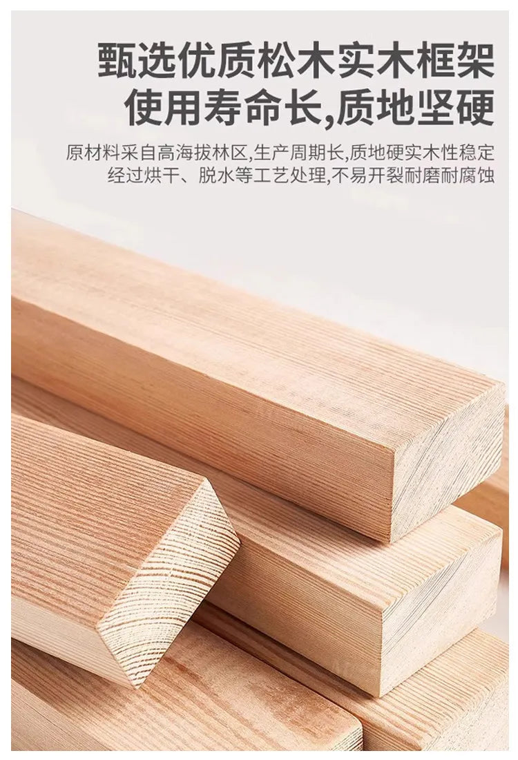 Close-up of high-quality, light-toned natural solid pine wood beams used for the bed frame structure.