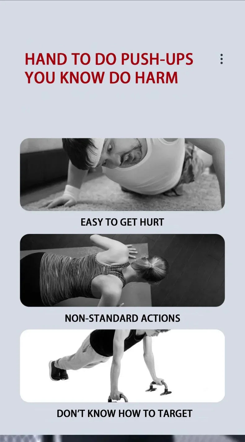 A comparison graphic showing people struggling with poor push-up form versus using workout handles for better technique.