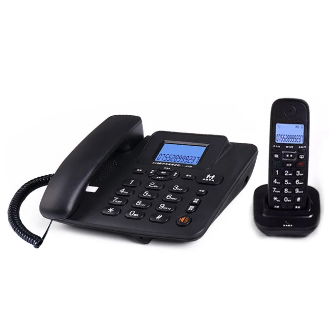 Black corded desk phone with a separate cordless handset and charging base, both featuring backlit digital displays.