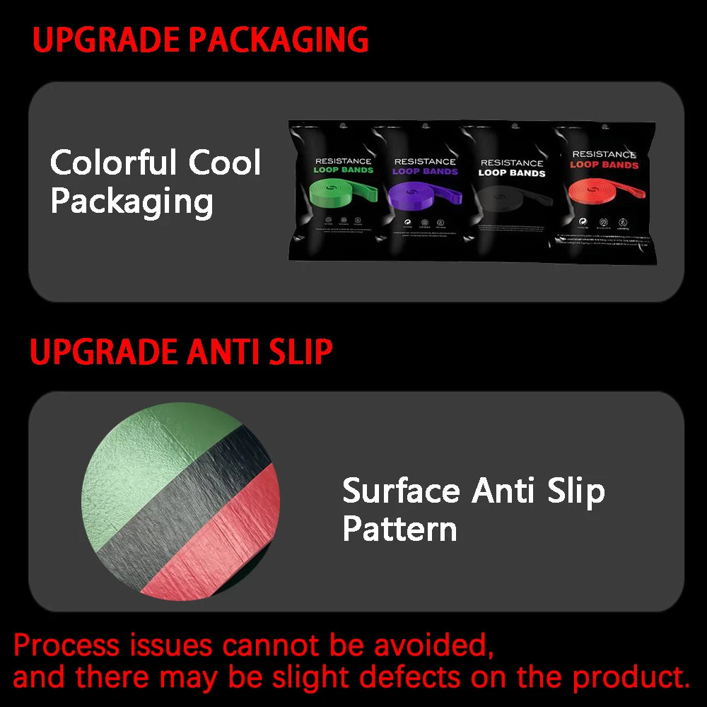 Four resistance bands in green, purple, black and red packaging, featuring a textured, anti-slip surface pattern.