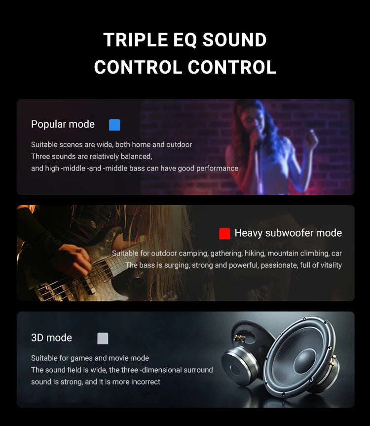 Infographic showing 40W portable speaker with triple EQ modes: Popular, Heavy Subwoofer, and 3D surround sound.