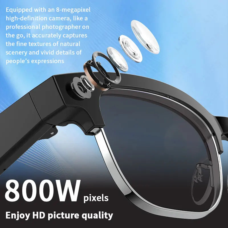Black smart recording glasses featuring a high-definition camera lens assembly with detailed internal components.