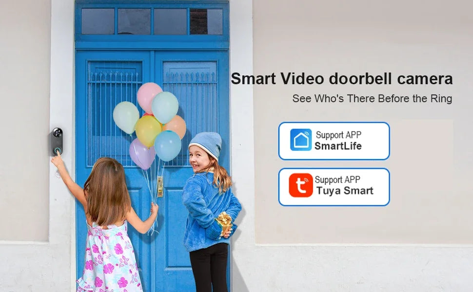 A slim, black wireless smart video doorbell mounted beside a bright blue door, with a child pressing the button.