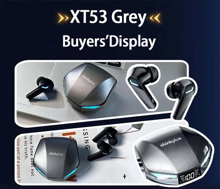 Grey wireless gaming earbuds with a sleek charging case, featuring blue accent lights and a digital battery display.