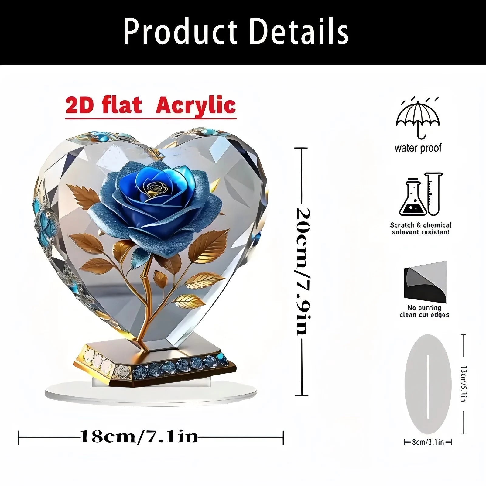 Heart-shaped, flat acrylic desk ornament featuring a blue rose with gold leaves on a decorative, jewel-accented base.
