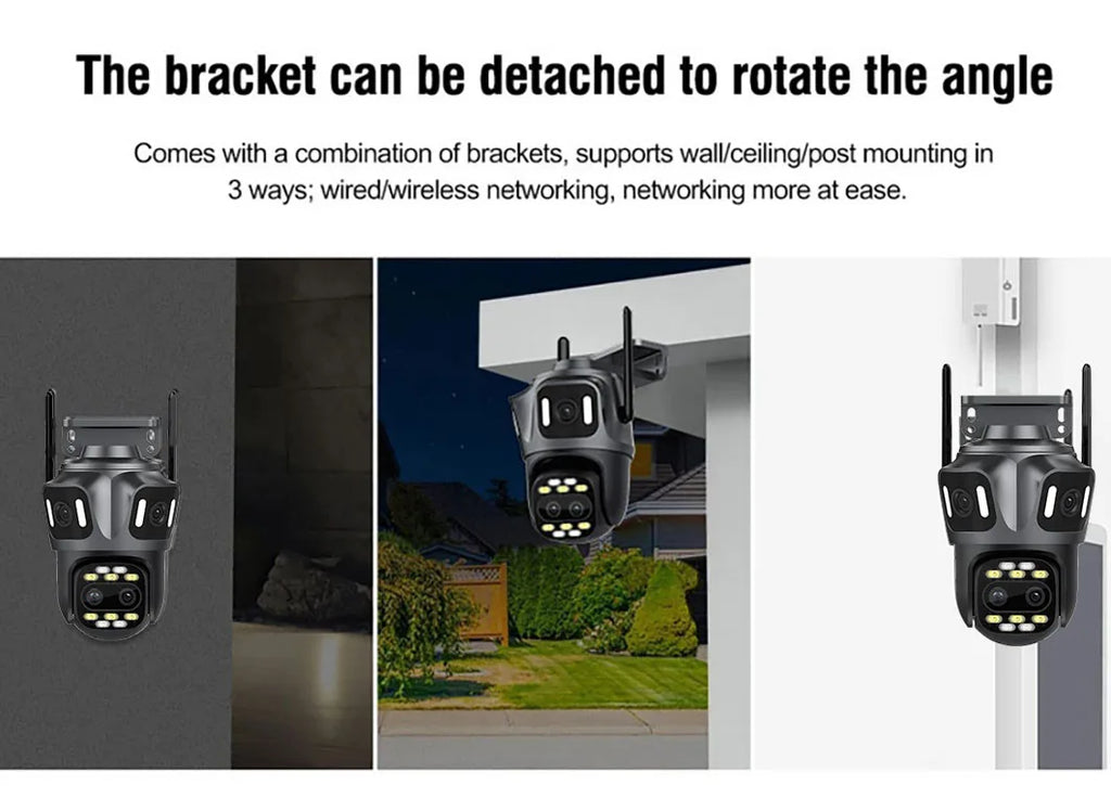 Grey quad-lens outdoor WiFi security camera showing flexible wall, ceiling and post mounting options.