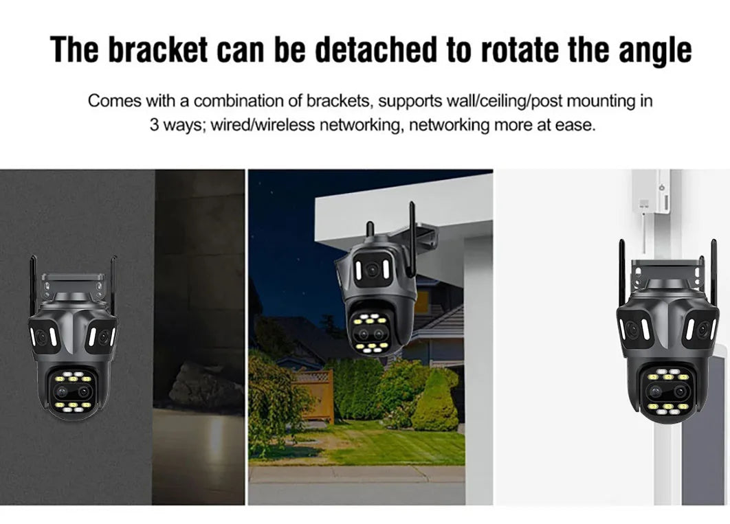 Grey quad-lens outdoor WiFi security camera showing flexible wall, ceiling and post mounting options.