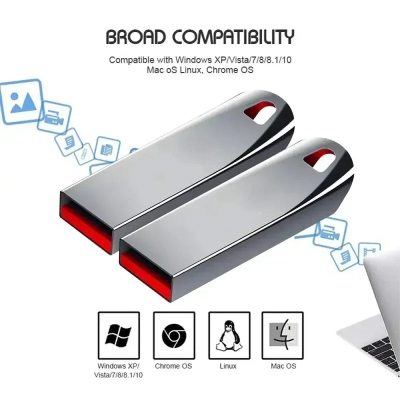 Two sleek, silver metallic USB flash drives with red accents, featuring a keyhole loop and broad system compatibility.