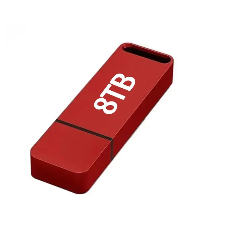 Red USB flash drive with a sleek, rectangular design and a built-in key loop, marked with 8TB capacity.