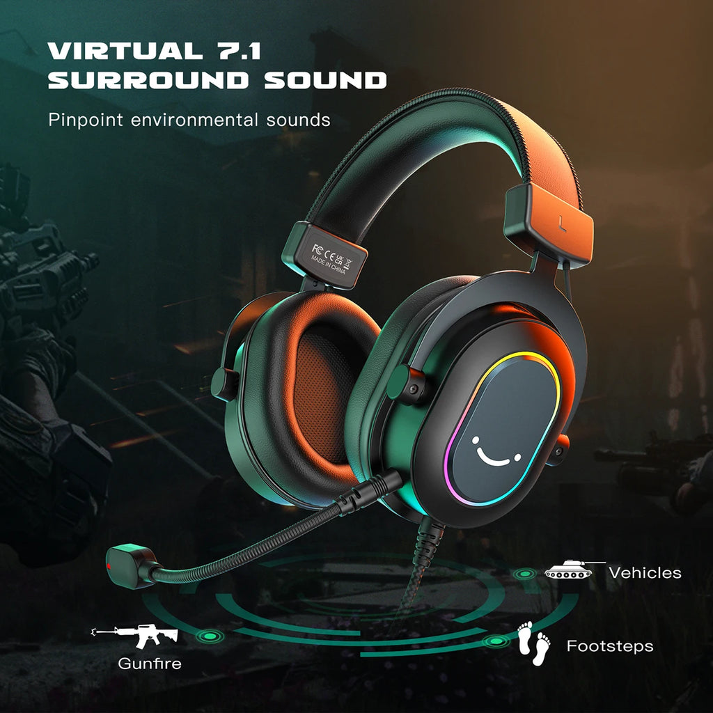 Black gaming headset with a smiley face logo, RGB lighting, 7.1 surround sound, and a flexible boom microphone.