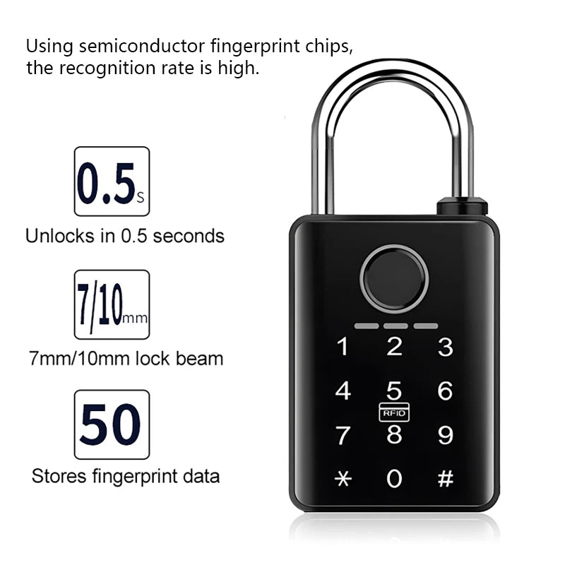 Black smart padlock with fingerprint sensor, RFID card reader, and keypad, featuring a metal shackle.
