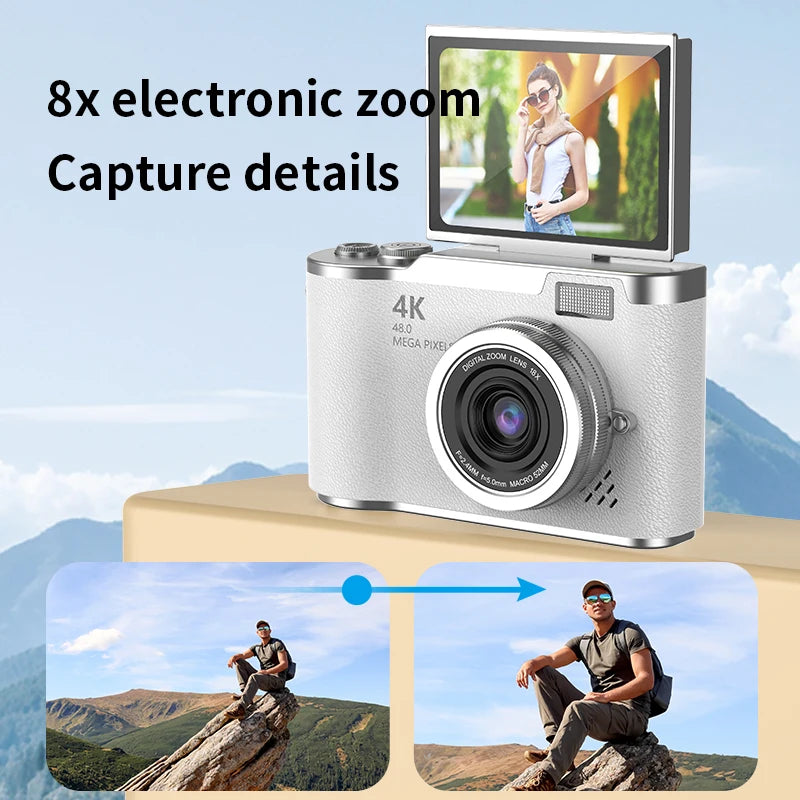 White digital 4K camera with a textured plastic body, flip-up screen, and 8x electronic zoom lens.