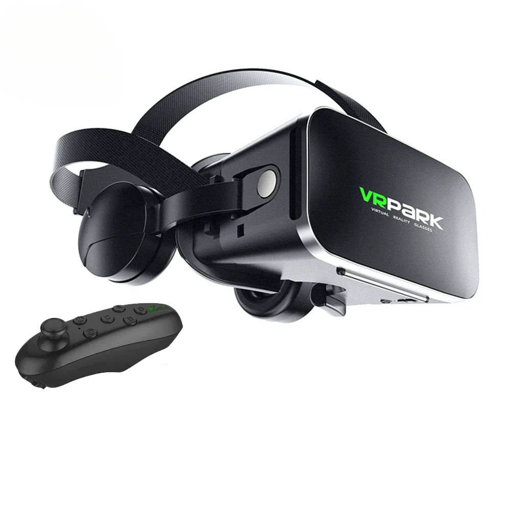 Black virtual reality headset with integrated headphones and a matching wireless handheld controller on a white background.