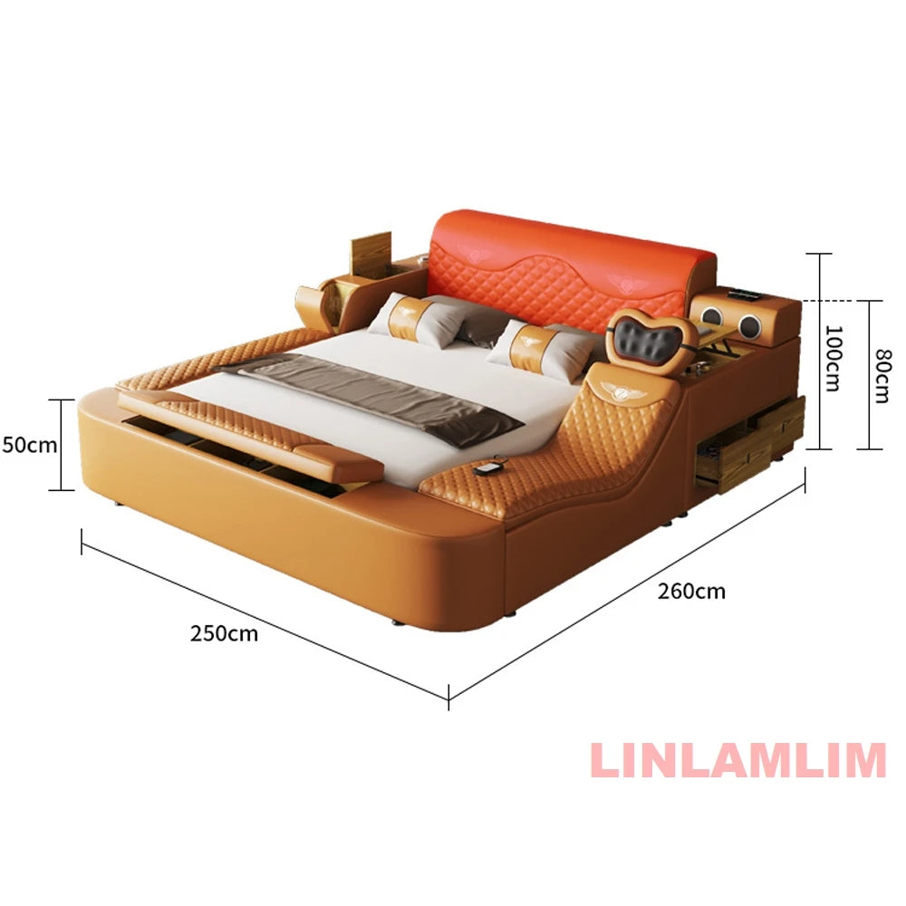 Luxury tan leather all-in-one bed with integrated storage, built-in side tables, speakers, and quilted headboard.