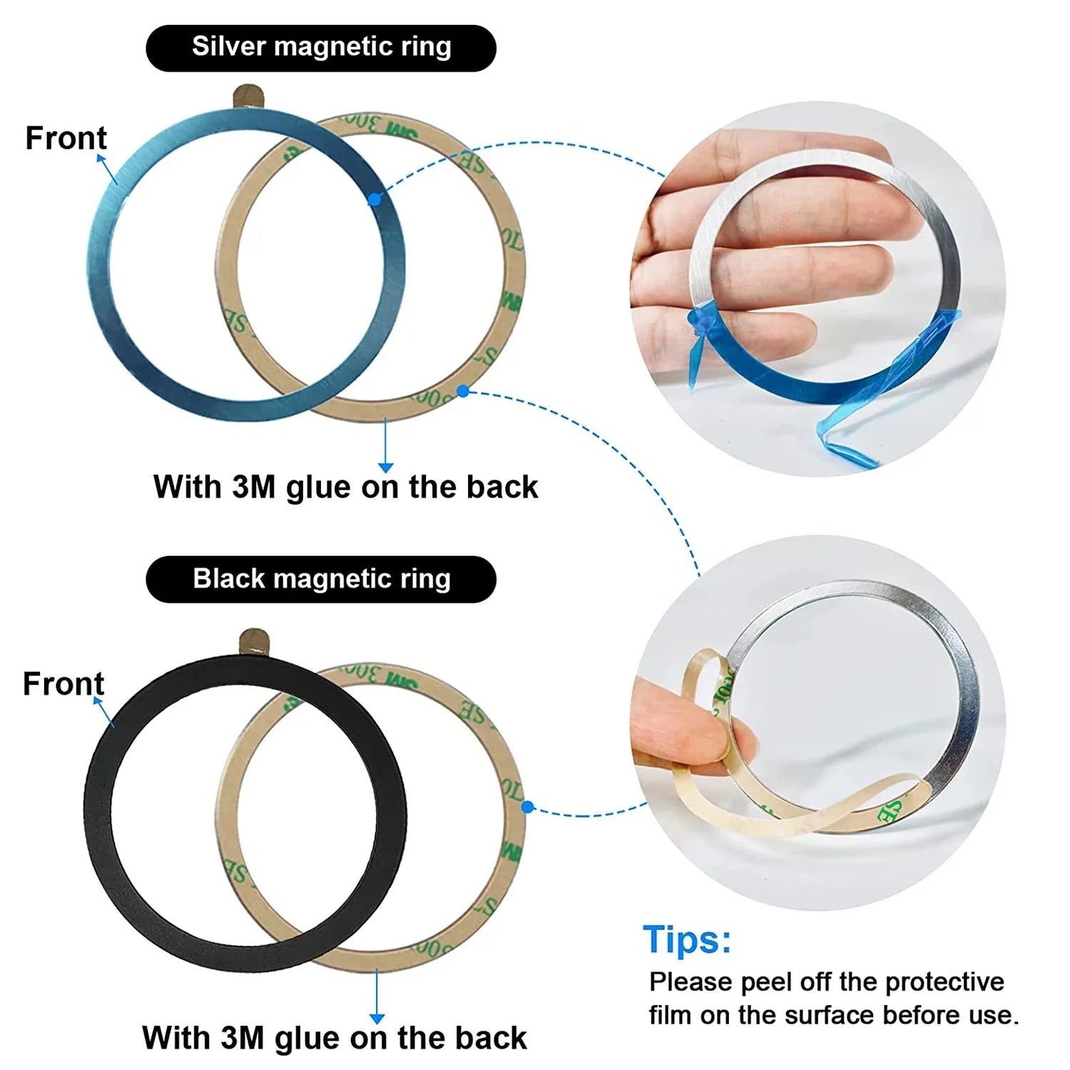Silver and black magnetic rings with adhesive backing and protective films, shown from front and back.