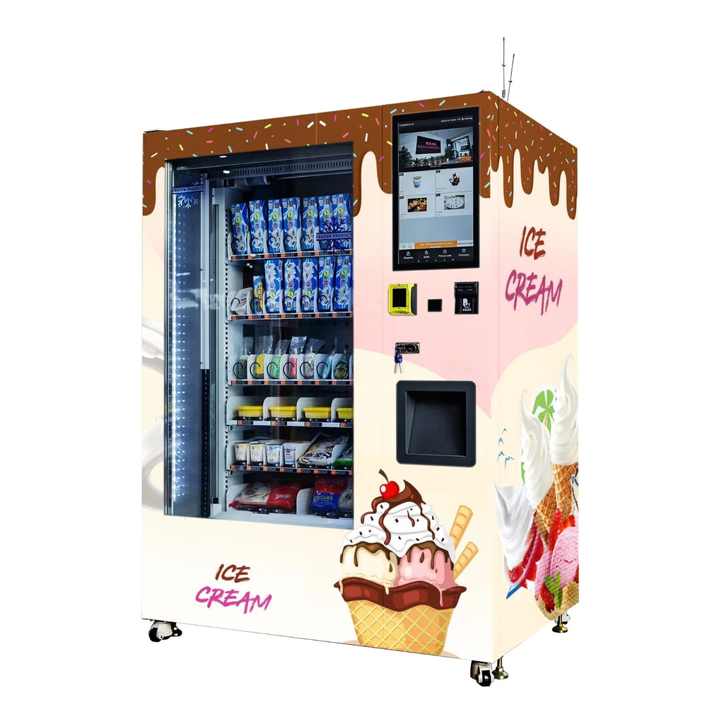 Ice cream vending machine with a touch screen, glass door, and colorful ice cream graphics.