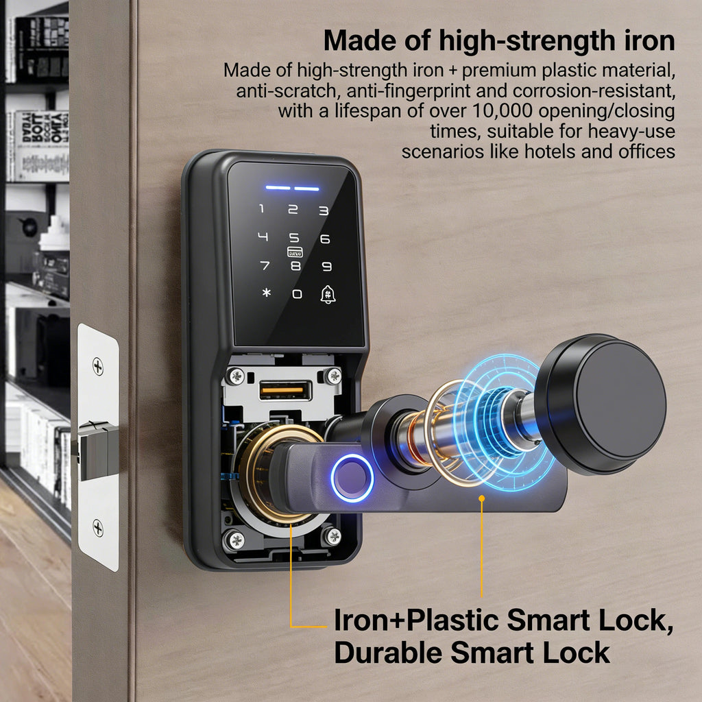 Black iron and plastic smart door lock with a digital keypad, fingerprint scanner, and internal mechanism view.