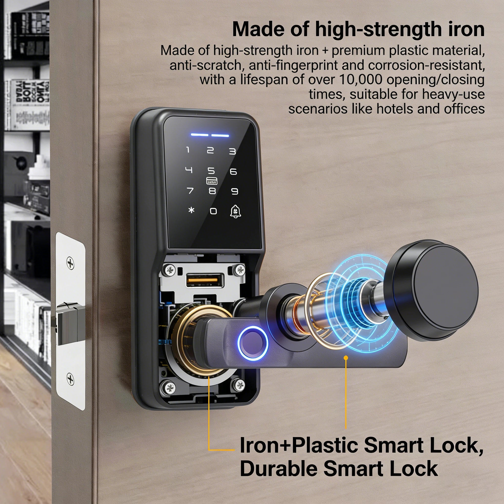 Black iron and plastic smart door lock with a digital keypad, fingerprint scanner, and internal mechanism view.