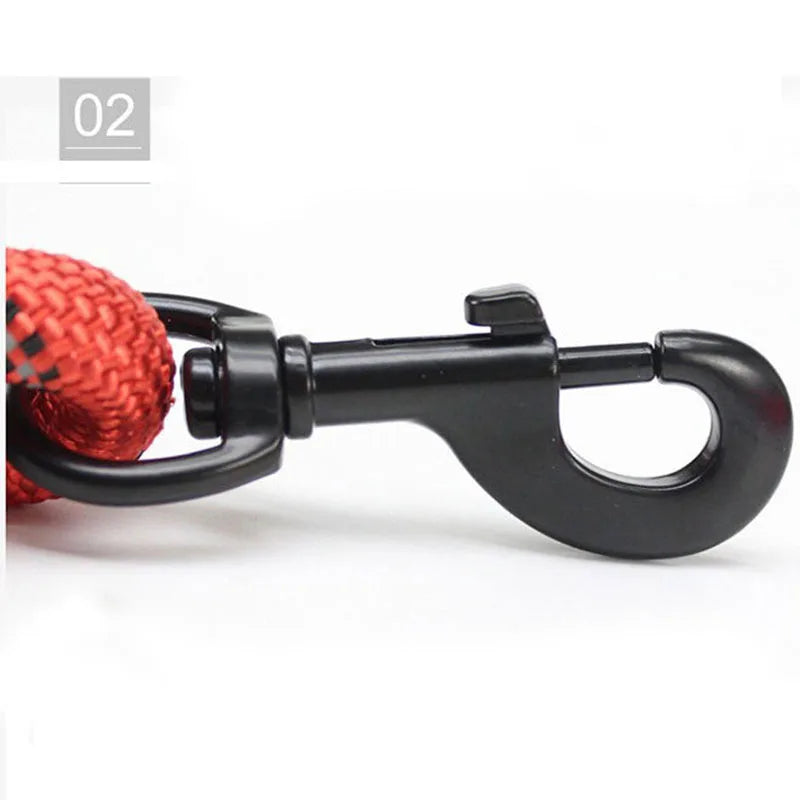 Close-up of a red woven dog leash with a sturdy black metal swivel clip.