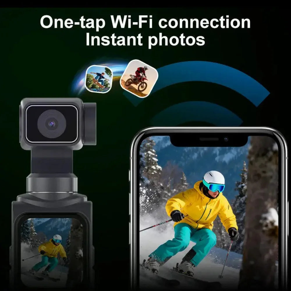 Dark grey handheld gimbal camera with Wi-Fi connected to a smartphone displaying action photos.