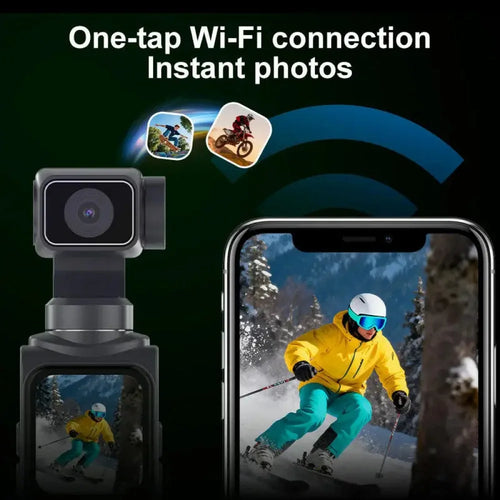 Dark grey handheld gimbal camera with Wi-Fi connected to a smartphone displaying action photos.