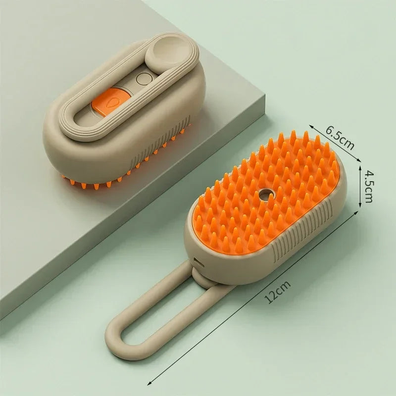Two taupe pet grooming brushes with orange silicone bristles and an extendable handle on a light green background.