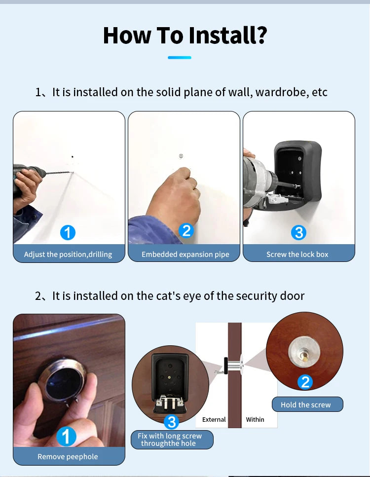 Installation guide for a black metal key lock box, showing mounting methods for walls and door peepholes.
