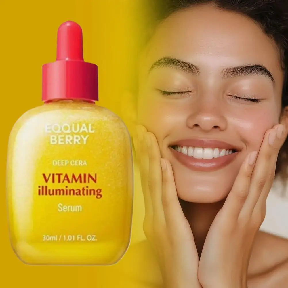 Bright yellow illuminating vitamin serum in a 30ml dropper bottle next to a woman with glowing skin.