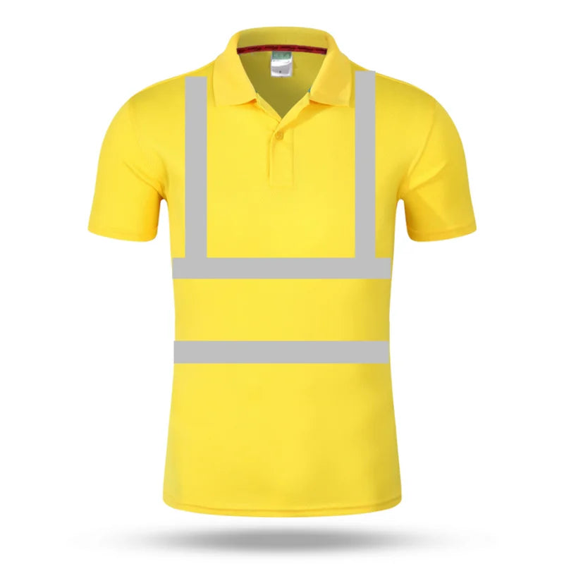Bright yellow high-visibility work polo shirt with short sleeves, a collar, and grey reflective horizontal strips.