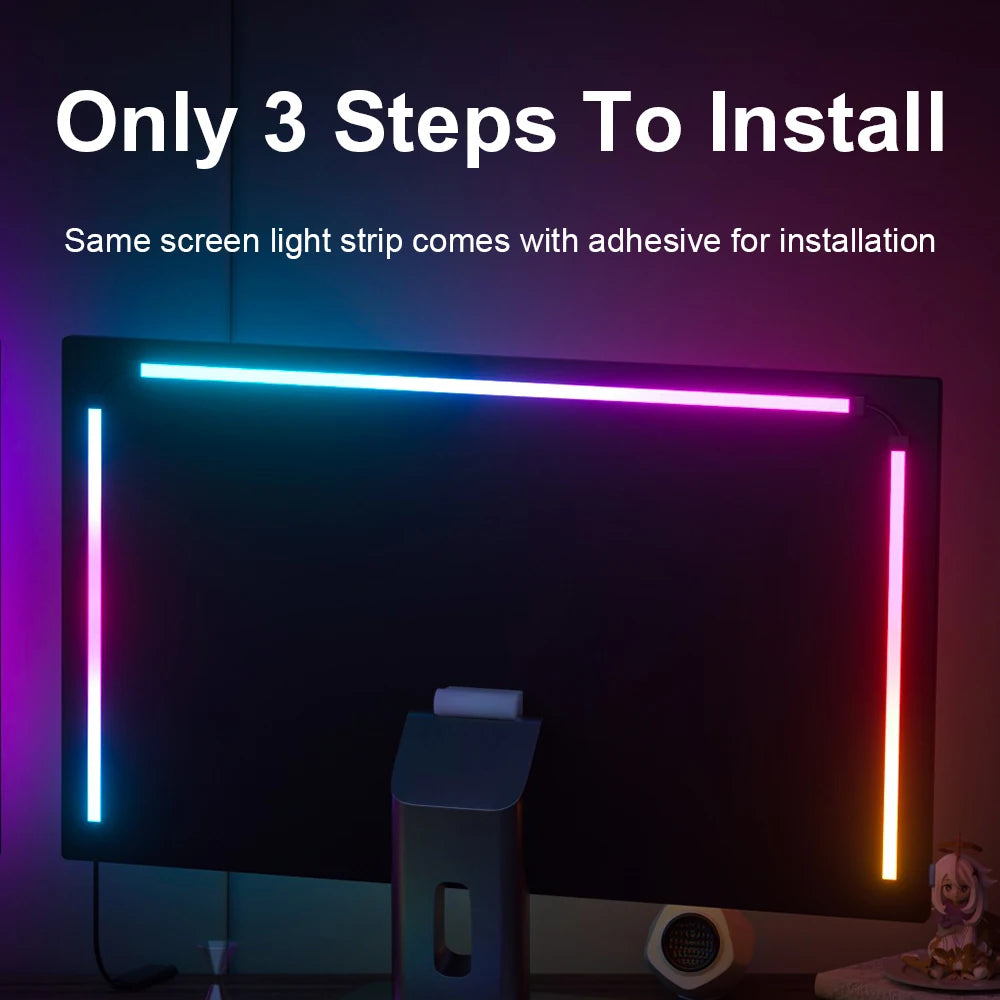 Monitor with colourful, glowing LED ambient light strips attached to the edges, showing a sleek, easy-install design.