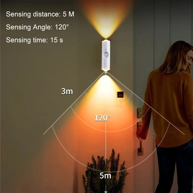 Minimalist white rechargeable LED wall lamp with motion sensor, casting a warm upward and downward glow.