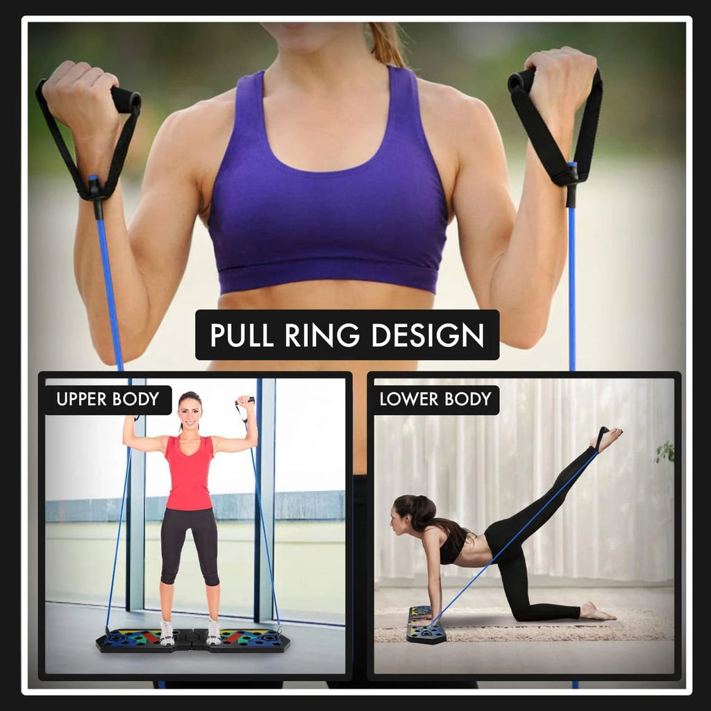 A 30-in-1 home gym set featuring a foldable push-up board and blue resistance bands for upper and lower body workouts.