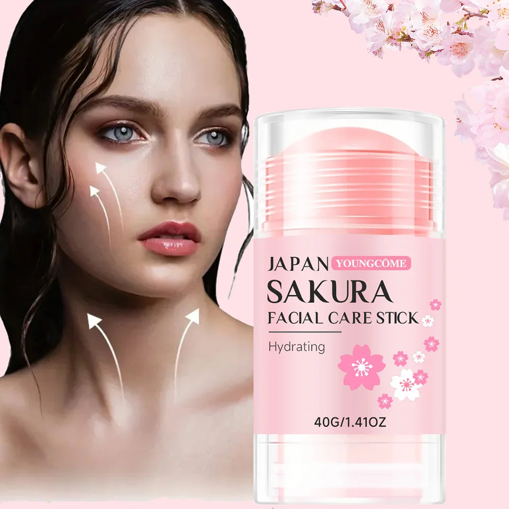 Pink Sakura hydrating facial care stick in a 40g twist-up applicator, shown alongside a model with glowing skin.