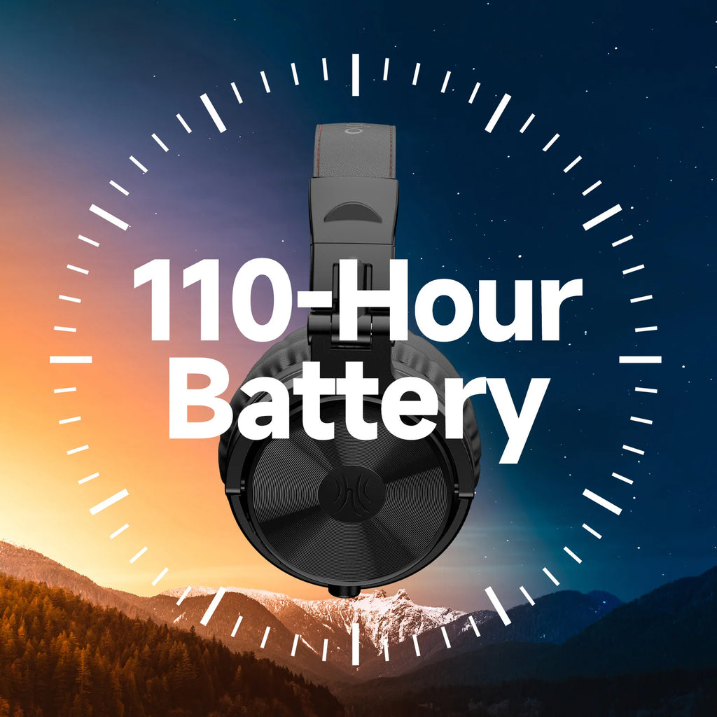 Black wireless over-ear headphones centred against a sunset mountain backdrop with a 110-hour battery life overlay.