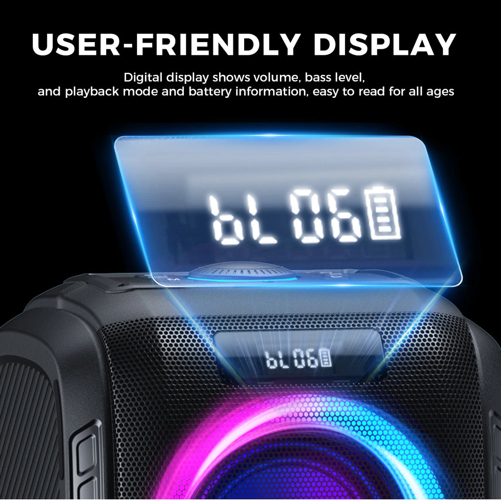 Black portable party speaker featuring a glowing digital display and vibrant, multi-coloured LED light ring.