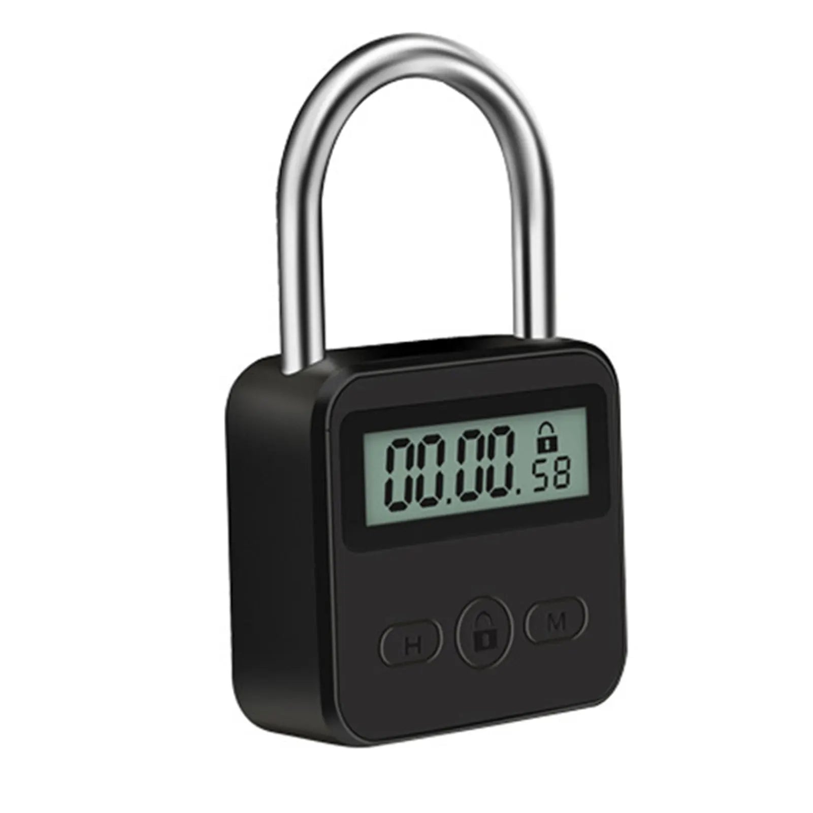 Black plastic digital timer padlock with a silver metal shackle, LCD screen, and three control buttons.