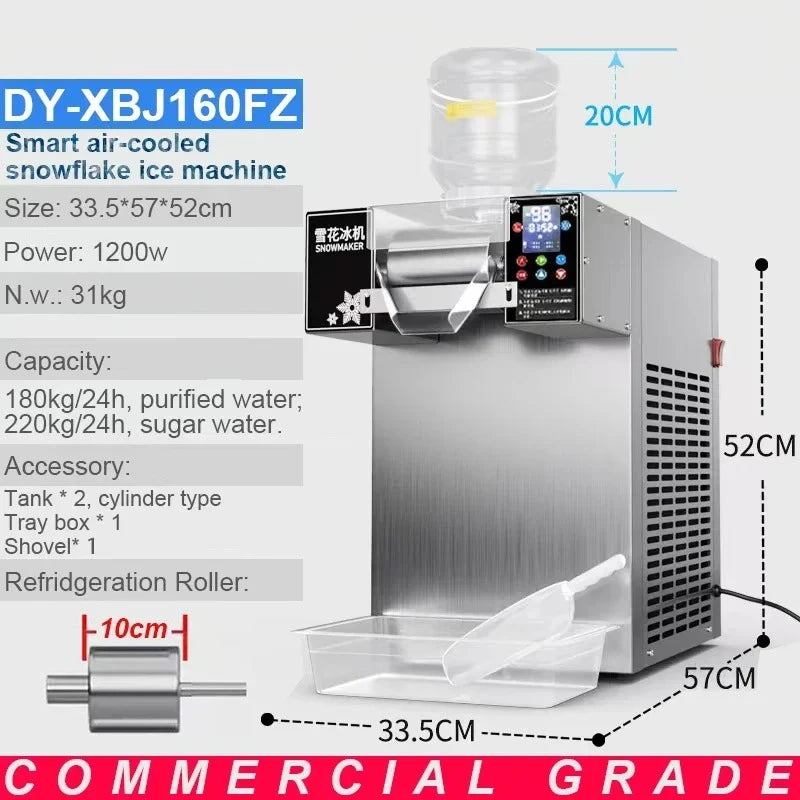 Stainless steel commercial snowflake ice and bingsu machine with a top-mounted water bottle and digital display.