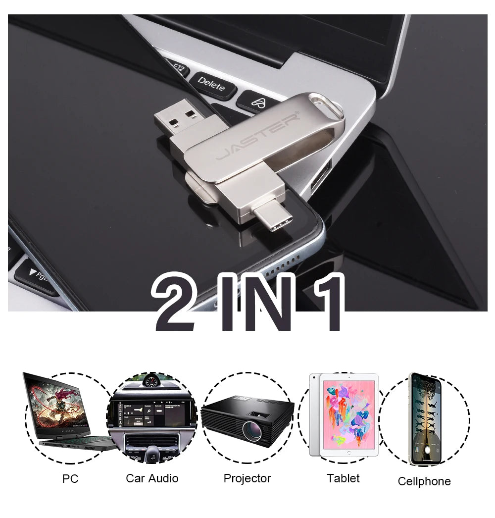 Silver 2-in-1 metal flash drive with USB-A and USB-C connectors for connecting to laptops, phones, and tablets.
