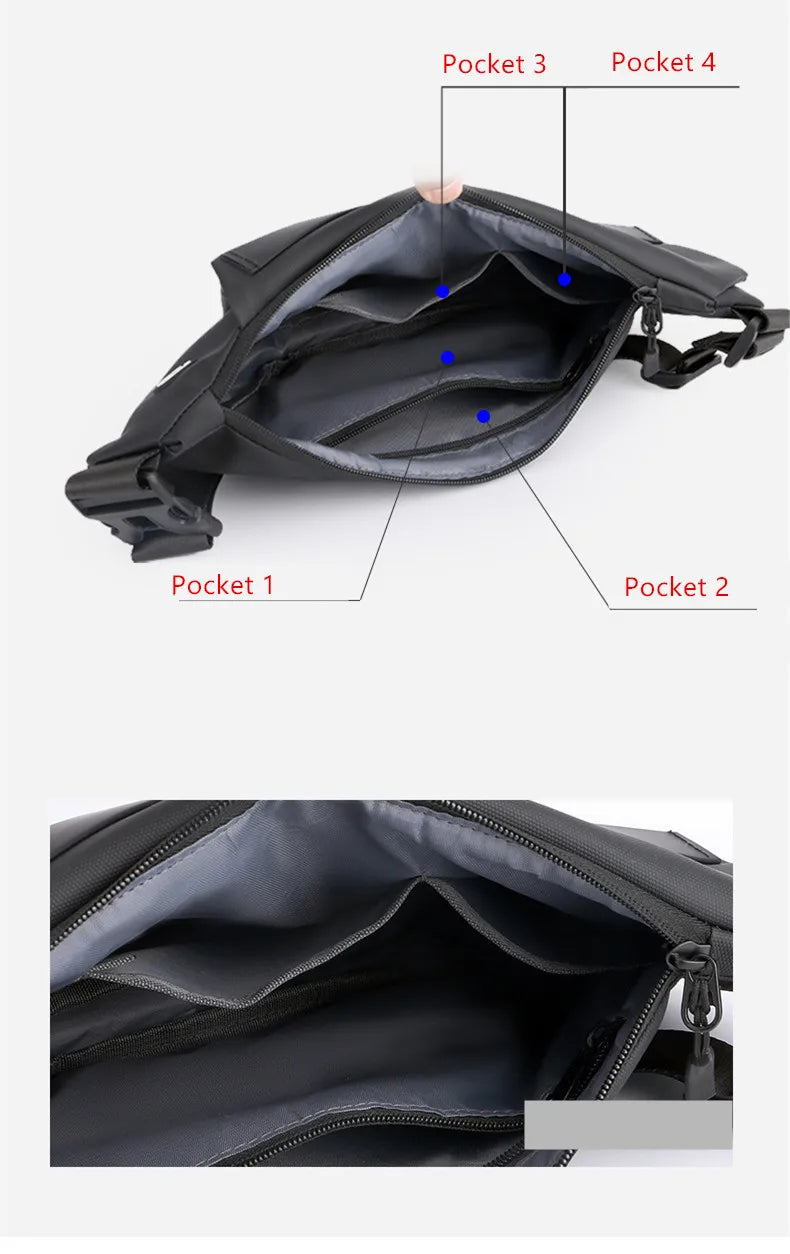 Black anti-theft crossbody sling bag with an open main compartment featuring four internal storage pockets.