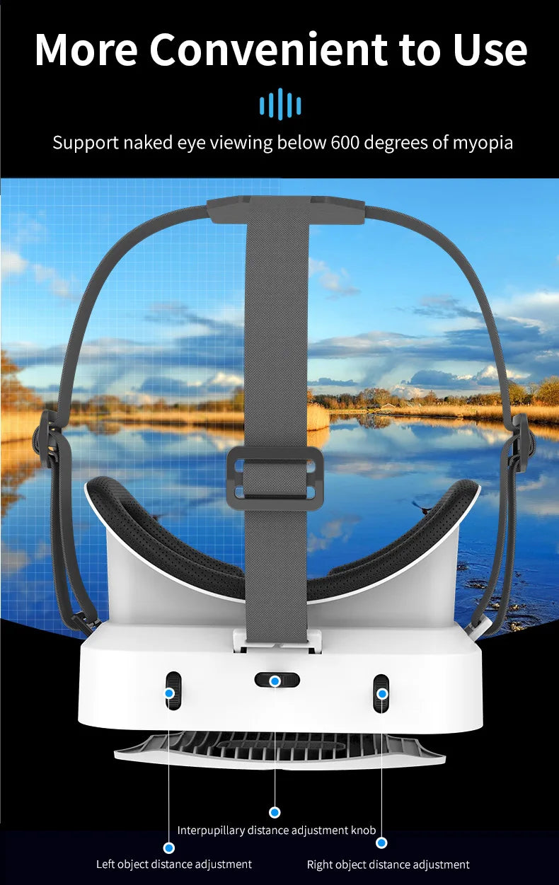 White VR headset for smartphones, featuring adjustable head straps and lens focus controls for clear viewing.