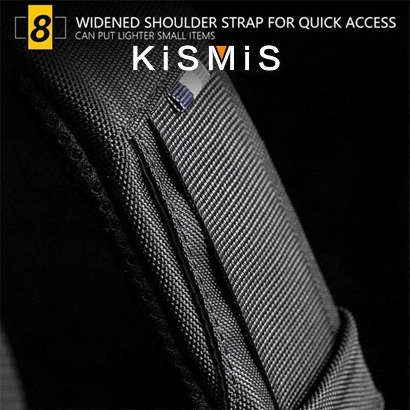 Close-up of a black, waterproof anti-theft crossbody bag showing a widened, quick-access zipped pocket on the strap.