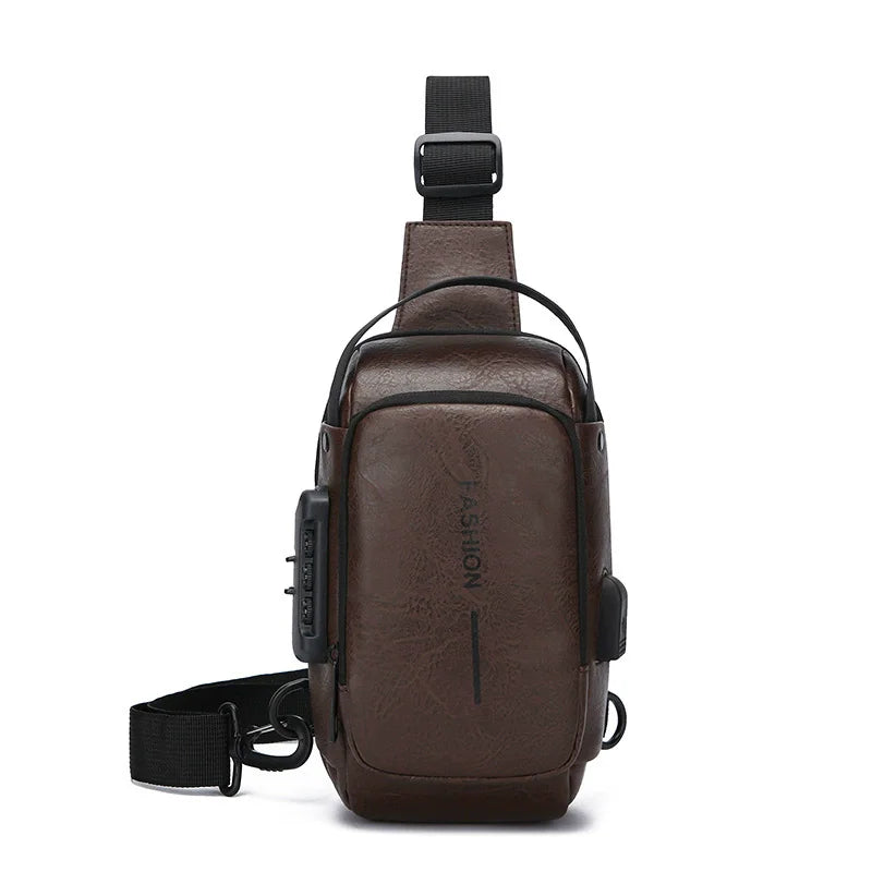 Brown faux-leather anti-theft crossbody sling bag with a combination lock, adjustable strap, and side USB port.