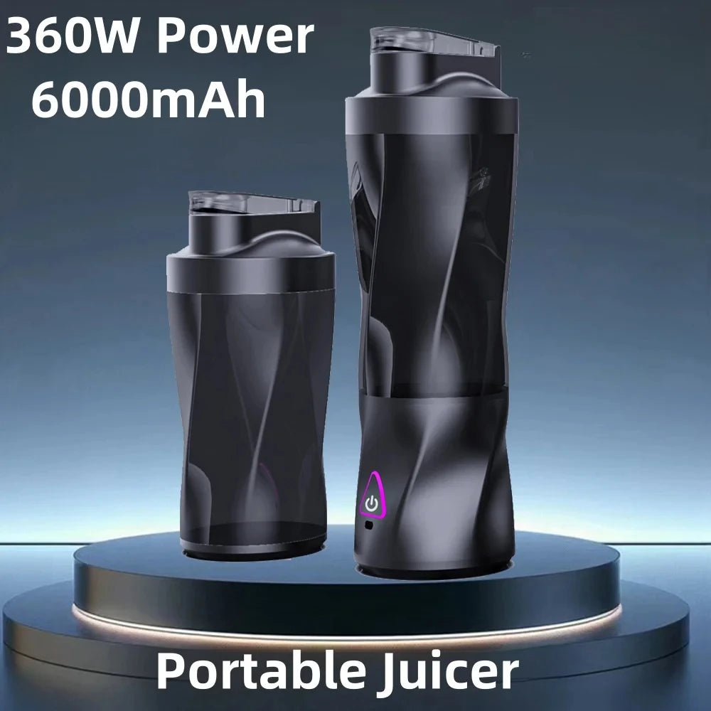 Two black, sleek portable juicer cups with a modern, twisted design displayed on a circular podium.