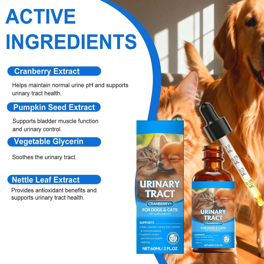 Urinary tract supplement for dogs and cats in a 60ml amber glass bottle with a graduated dropper, featuring pet images.