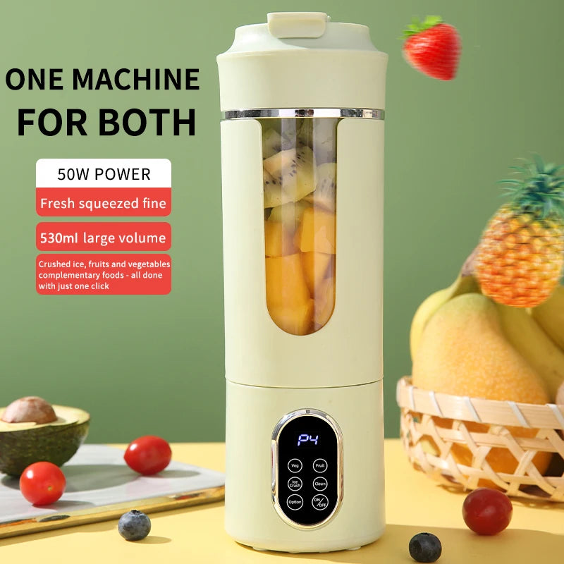 Pale green portable electric blender with a clear center window, digital display, and touch-button control panel.