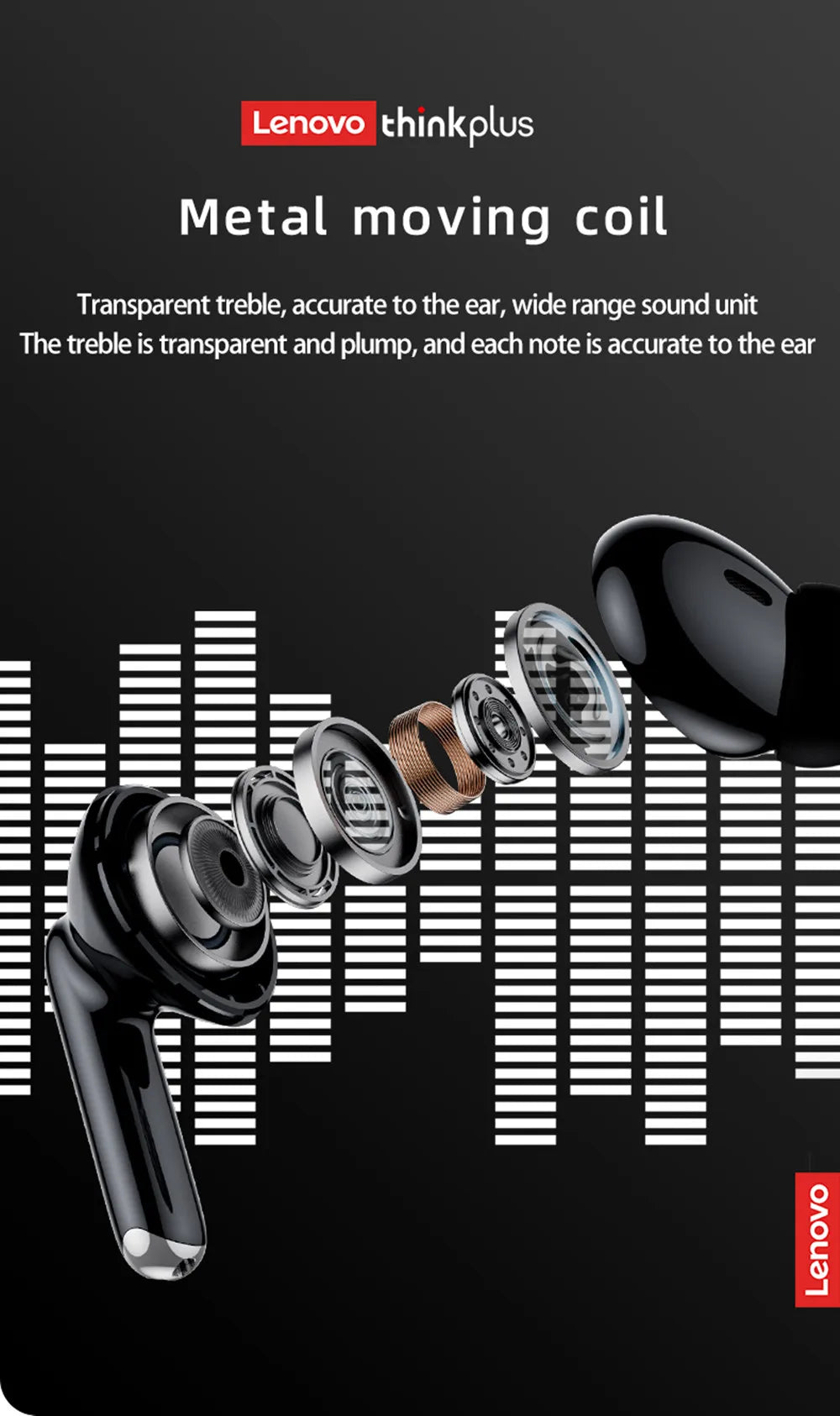 Black wireless earbuds with an exploded view showing internal metal moving coil components on a sound wave background.