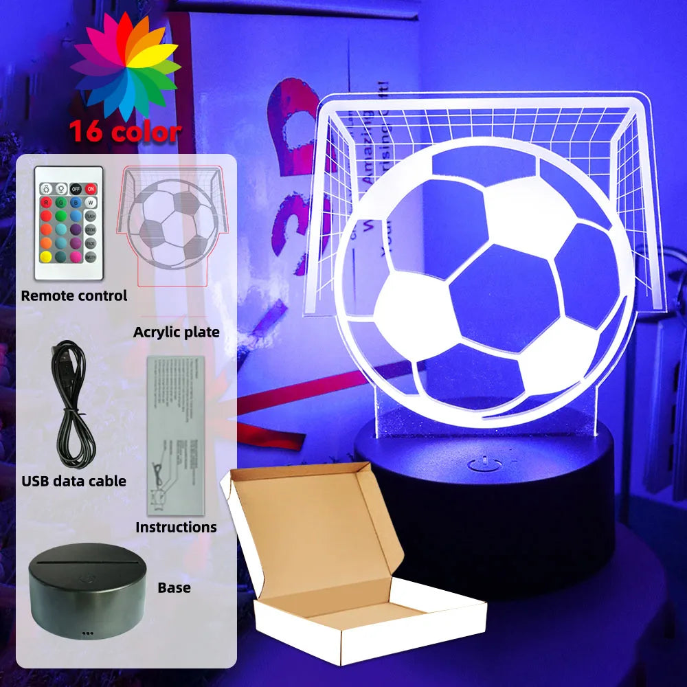 Football-themed 3D LED night light with 16 color settings, remote control, USB cable, and a black circular base.